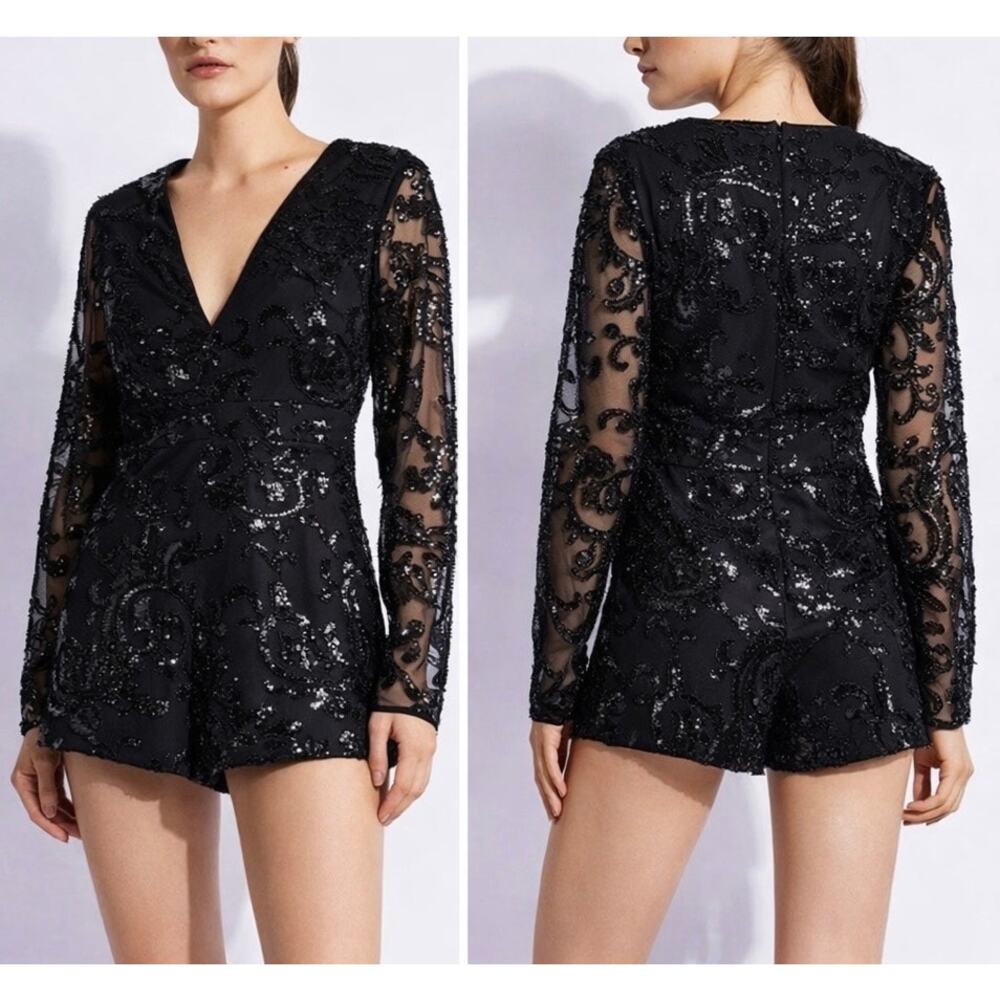 NWT Alexie Black Sequin Long Sleeve Romper Size M